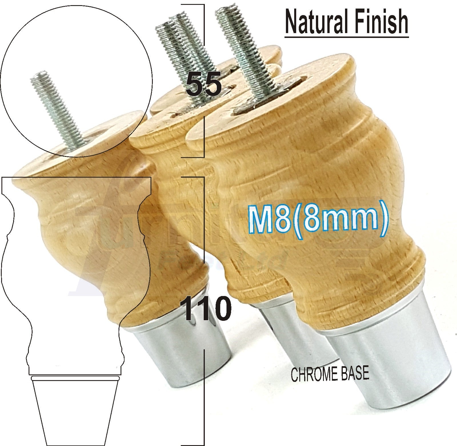 4x Turned Wood Furniture Feet M8(8mm) With Slipper Cup Chair Sofa Settee Legs 110mm