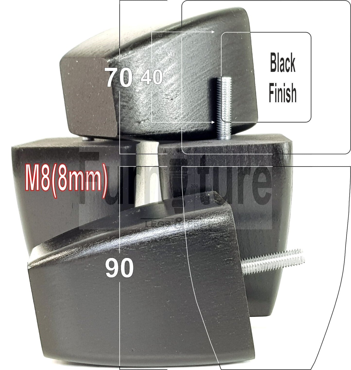 Set Of 4 Solid Wooden Block Furniture Feet Replacement Legs 90mm High M8(8mm)