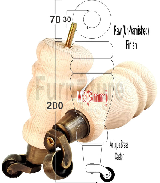 Set Of 4 Wooden Turned Replacement Furniture Legs 200mm High With Antique Brass Castor Wheels 8mm Thread