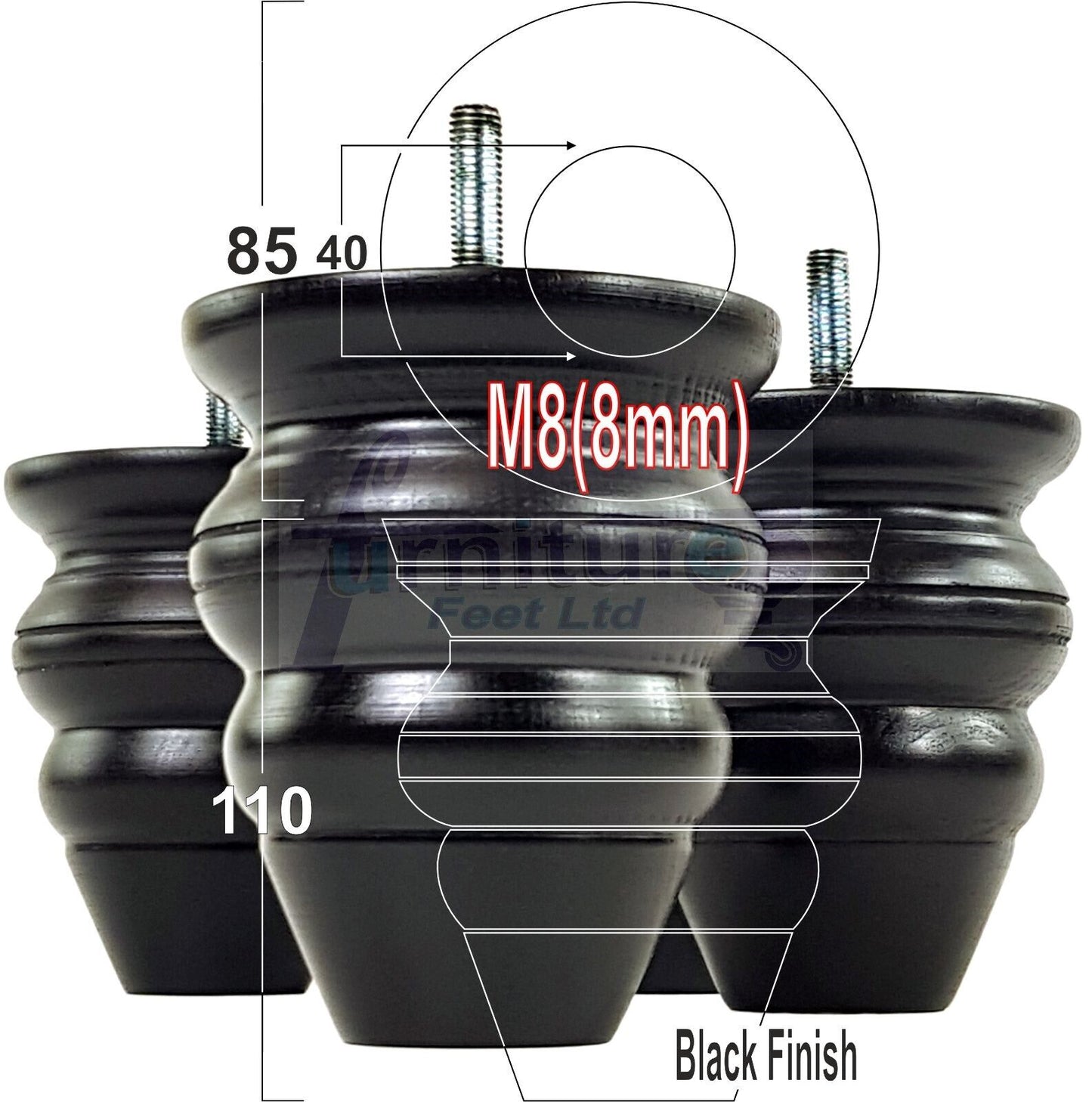 4x Turned Wood Furniture Legs Replacement Feet 110mm High Multiple Colours Chairs Stools Sofa's Beds Settee Cabinets M8