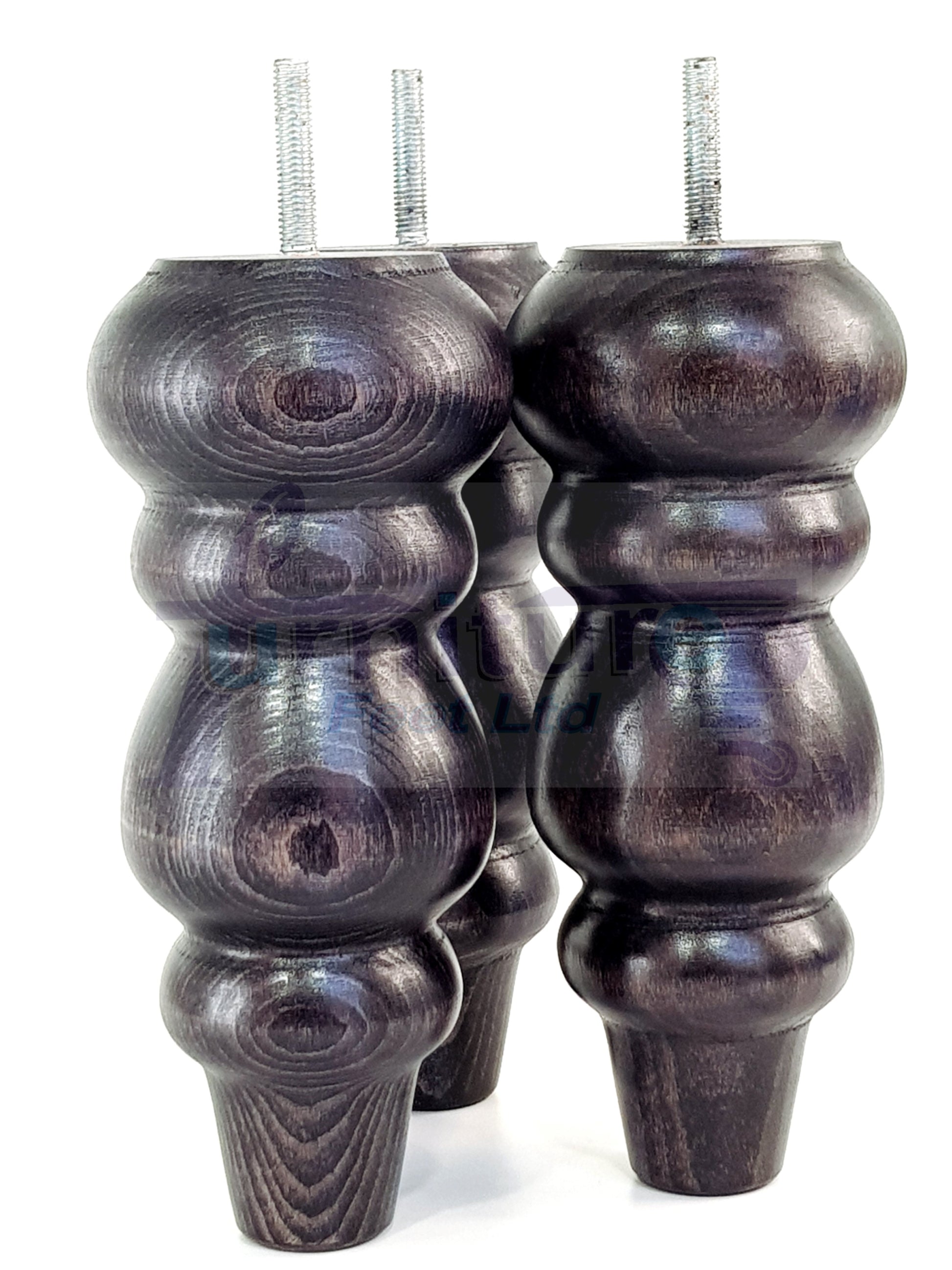 4 Solid Wood Furniture Legs Replacement Turned Feet 200mm High M8(8mm) Thread: Black Washed