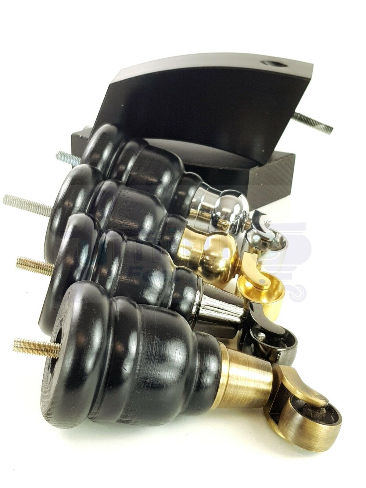 Black Turned Wood Furniture Feet 2 With Castors 155mm and 2 Curved Back Legs Sofas Chairs Stools Cabinets Beds M8 6 Inches