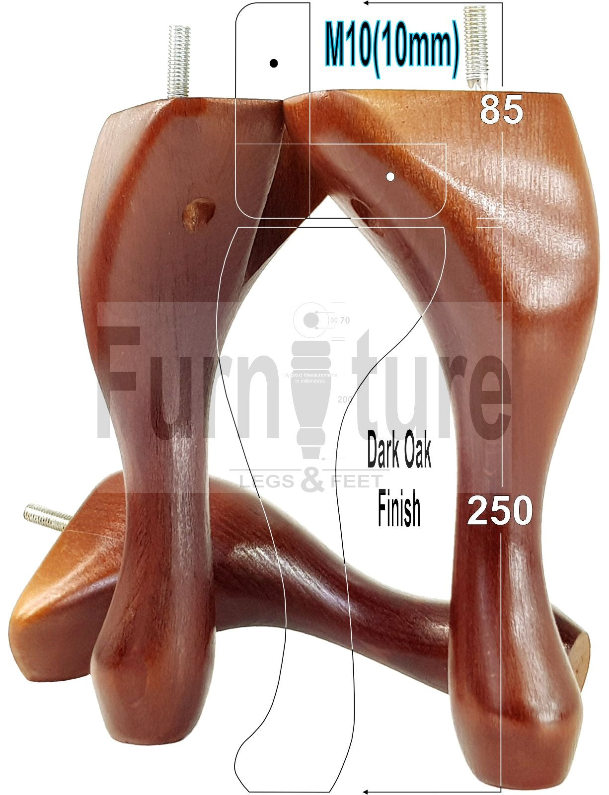 4 Replacement Traditional Queen Anne Furniture Leg 250mm High Sofa Chair Beds M10 Thread