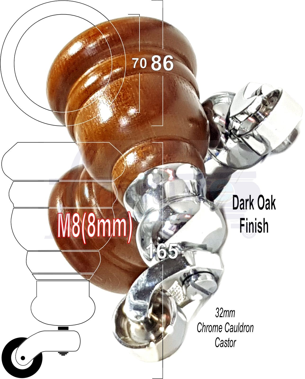 4 Turned Wood Furniture Feet With Chrome Cauldron Castors 155mm Legs Sofas Chairs Stools Cabinets Beds M8 6 Inches