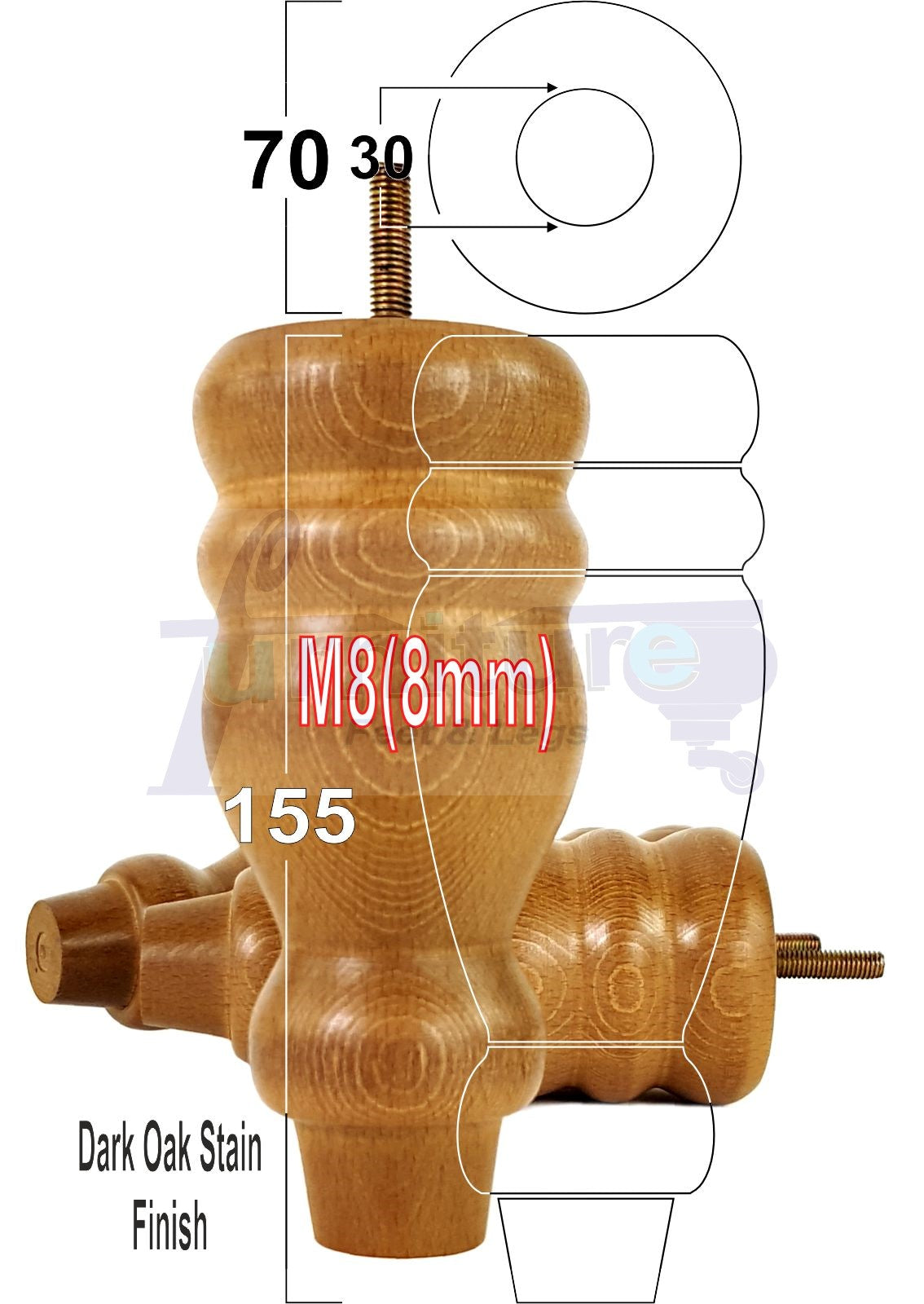 Set Of 4 Turned Wood Furniture Replacement Feet 155mm High 8mm Tread