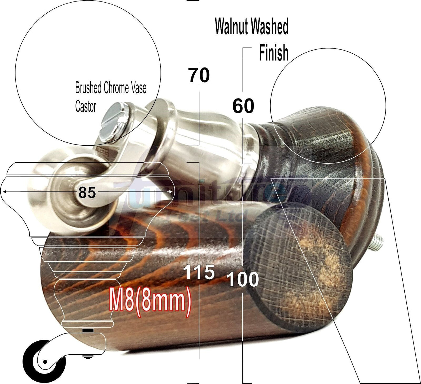 2 Dark Walnut Washed Wood Furniture Sofa Legs With Castor 125mm & 2 Angled Back Feet Chair Settee 100mm High M8