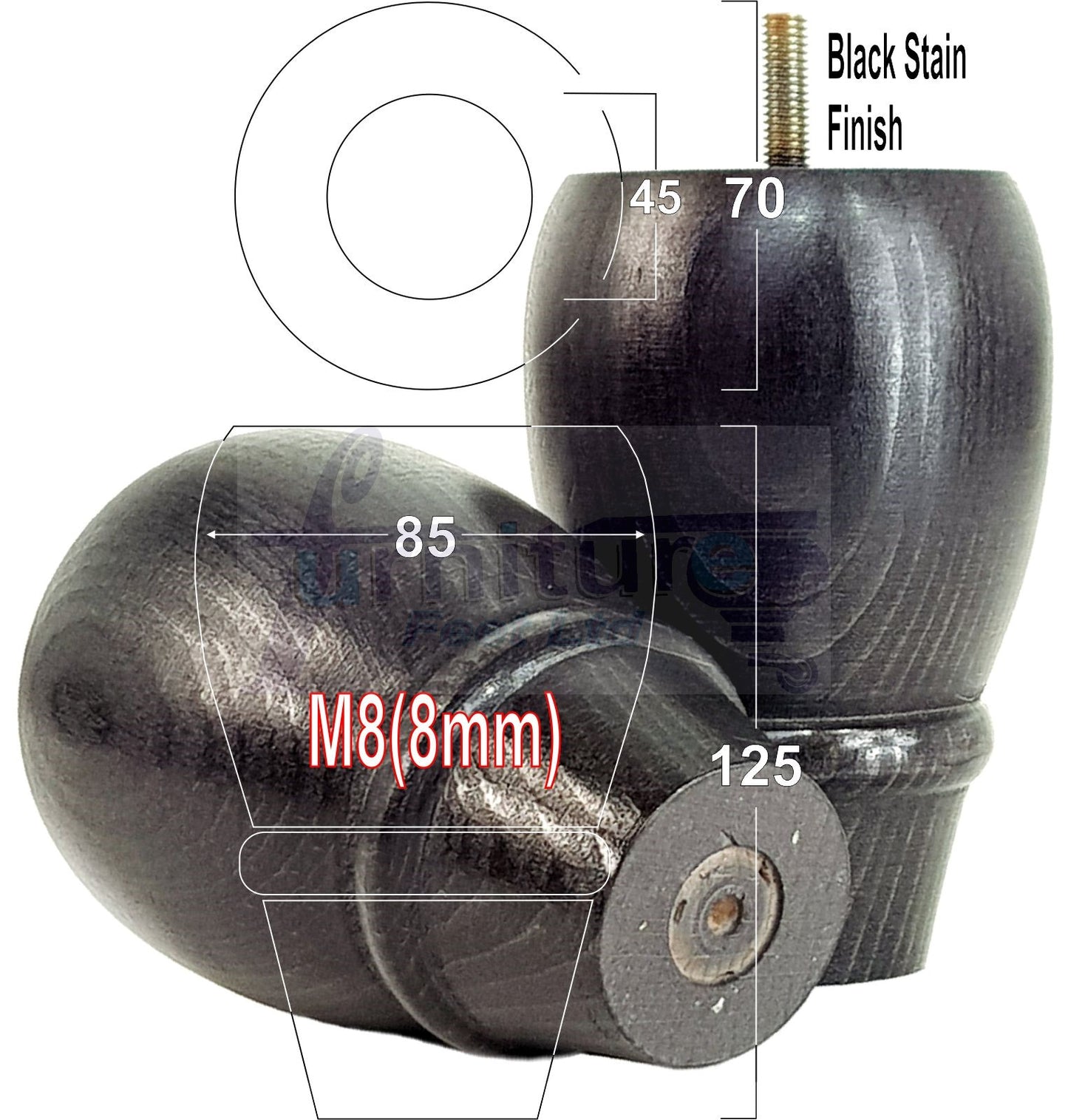 Set Of 4 Solid Wood Turned Replacement Furniture Legs 125mm High 8mm Thread