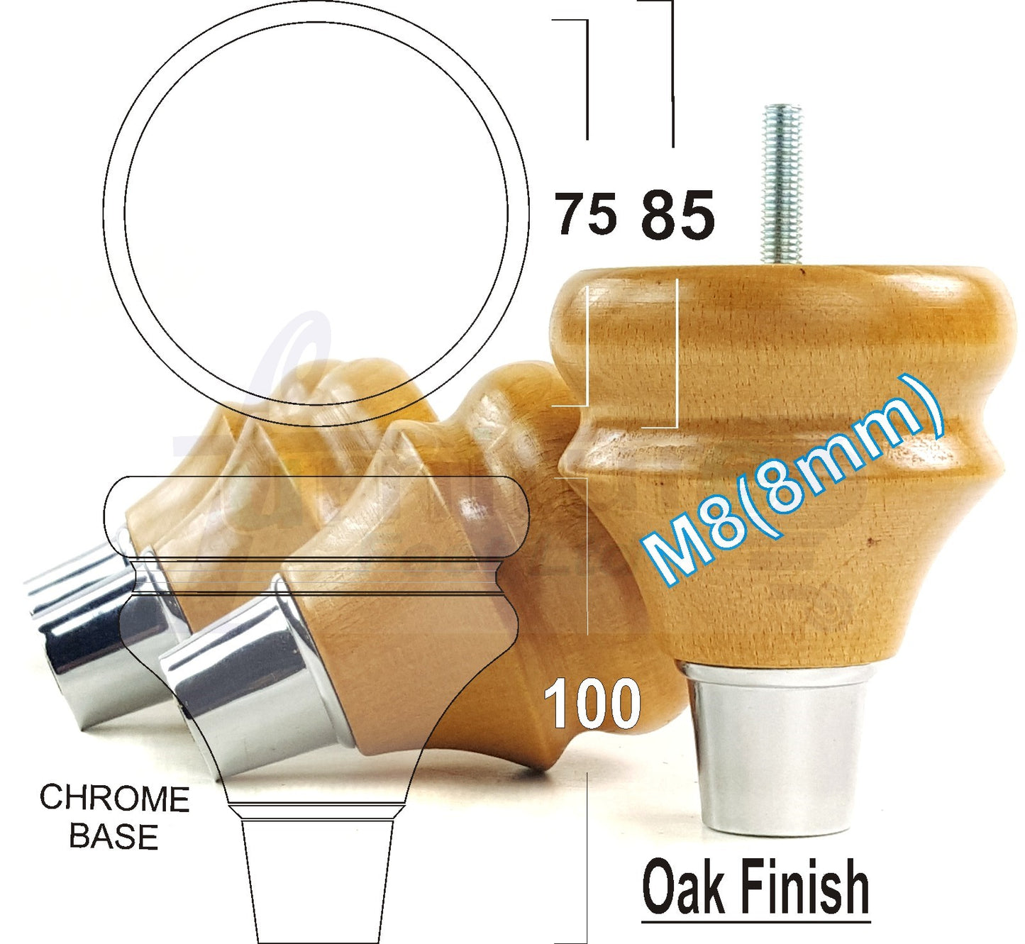 4x Turned Wood Furniture Feet M8(8mm) With A Chrome Slipper Cup Chair Sofa Settee Legs 100mm