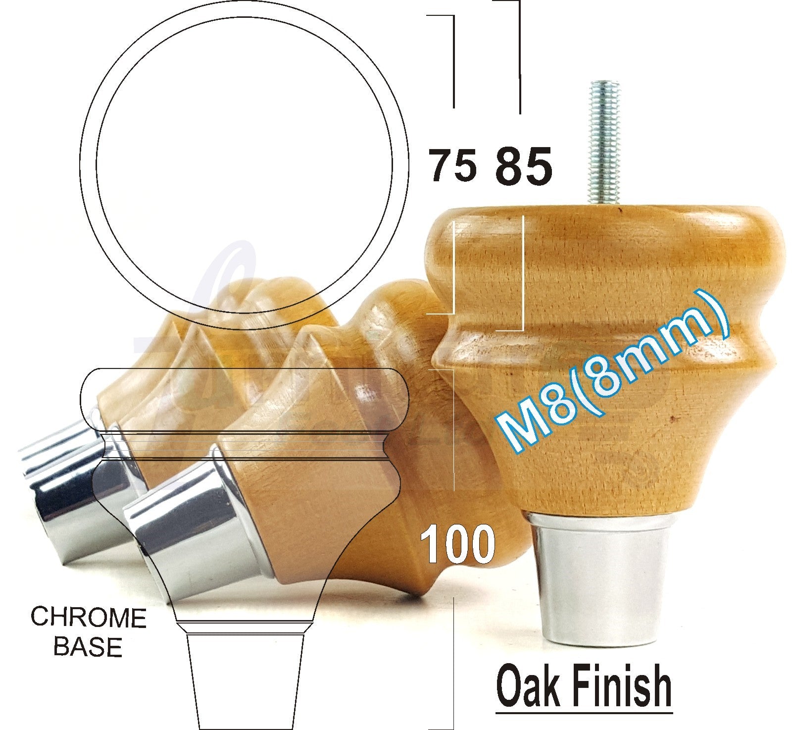 4x Turned Wood Furniture Feet M8(8mm) With A Chrome Slipper Cup Chair Sofa Settee Legs 100mm