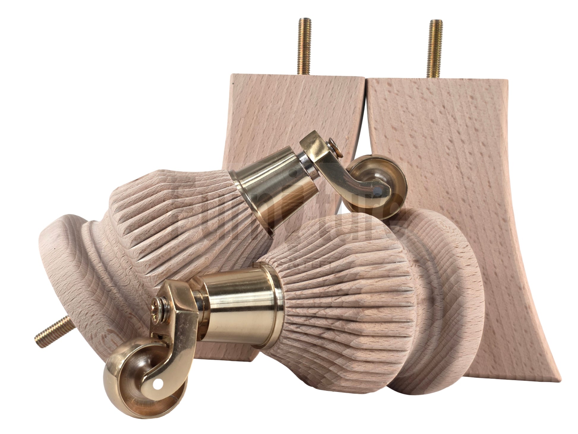 Solid Wood Replacement Furniture Legs 6 Inches with 2x Castors and 2x Back Feet 155mm High M8 Dowl Fixing - Raw Wood