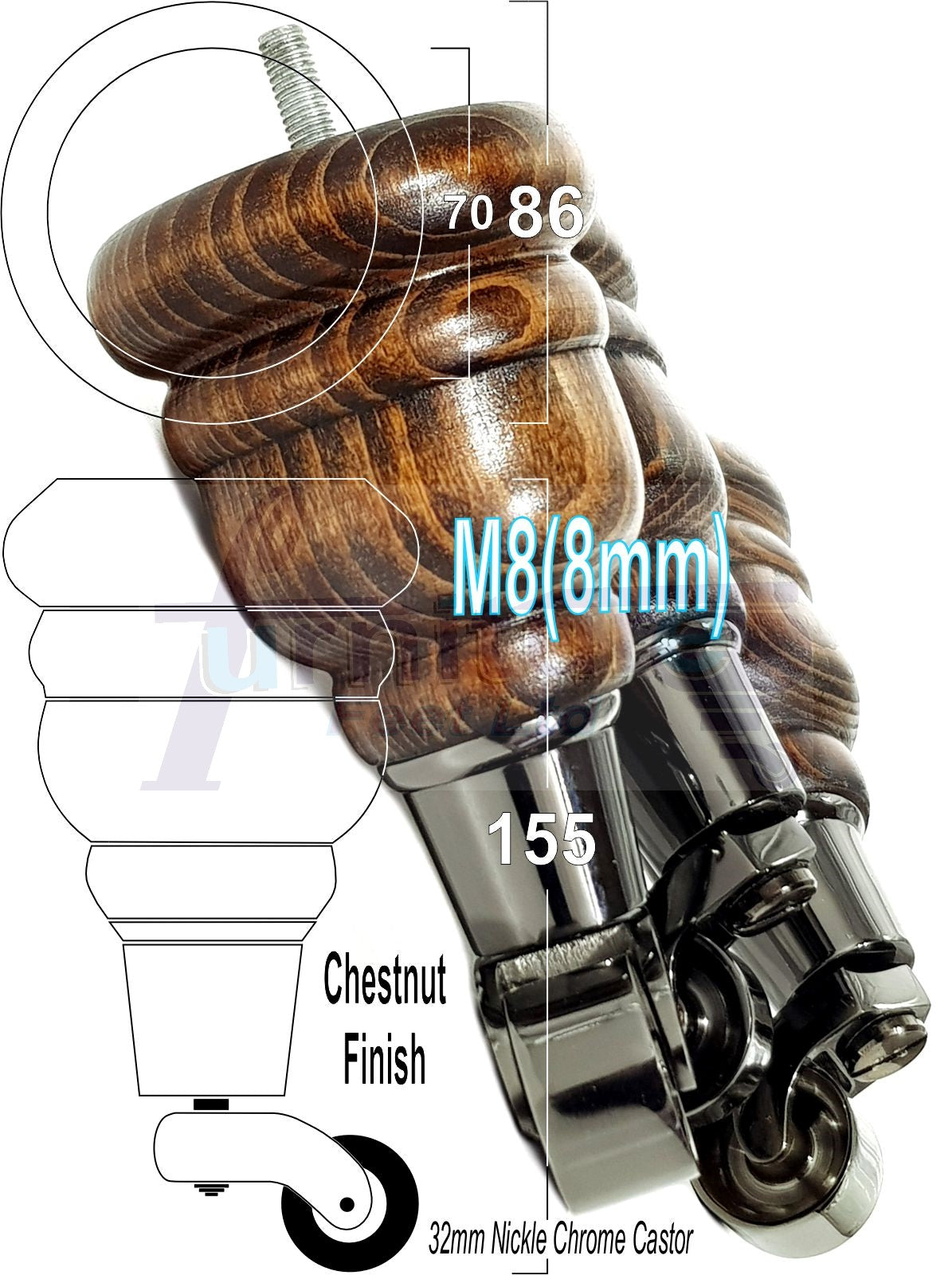 4 Turned Wooden Replacement Furniture Legs with Castors 6 Inch 155mm High Sofa Feet M8 Dowl Fixing - Black Castor