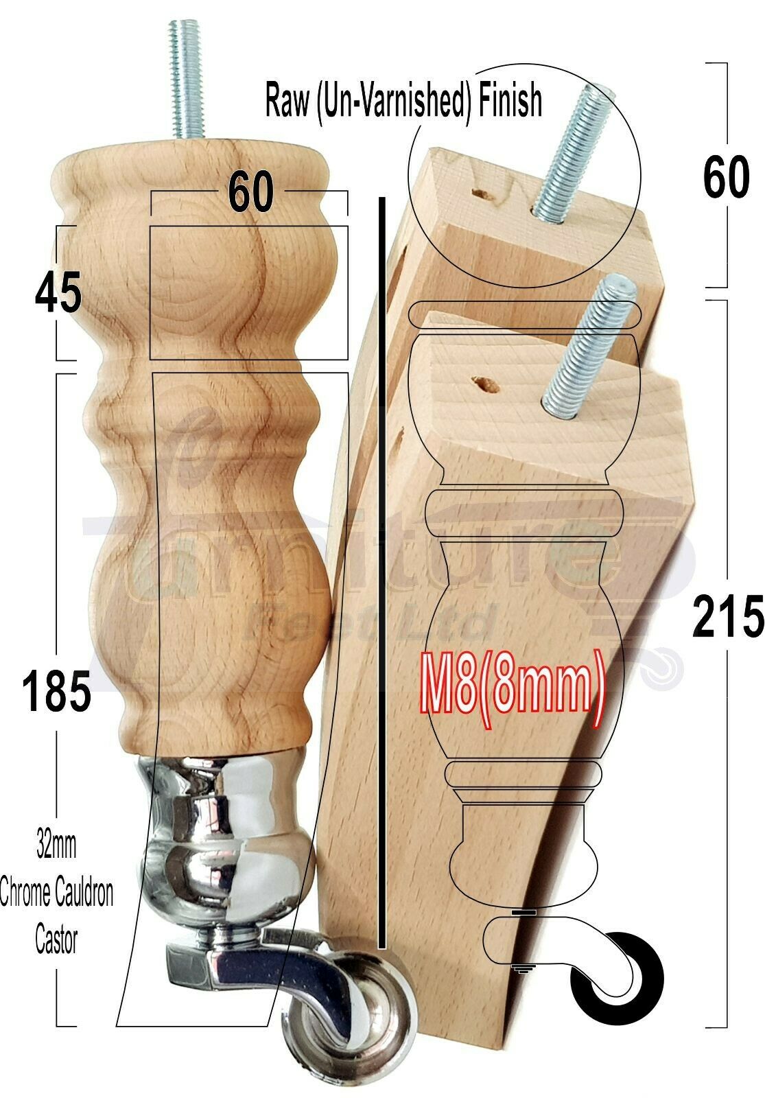 2x Wood Furniture Castor Settee Feet & 2x Curved Legs 8mm Thread 205mm High Raw (Un-Varnished) For Sofas Chairs Stools Cabinets & Beds