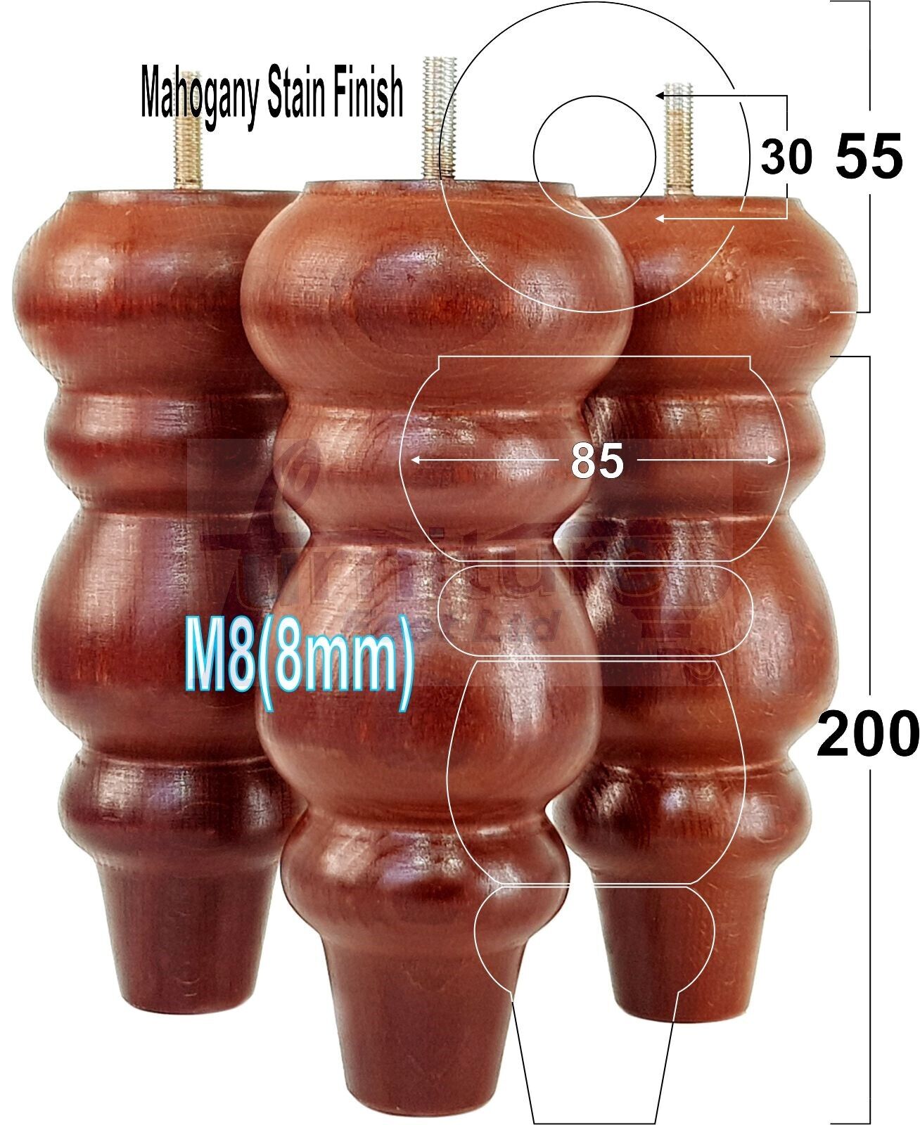 Solid Wood Furniture Feet Replacement Turned Legs 200mm High Chairs Stools Sofa's Beds Settee Cabinets M8 Various Colours Set of 4