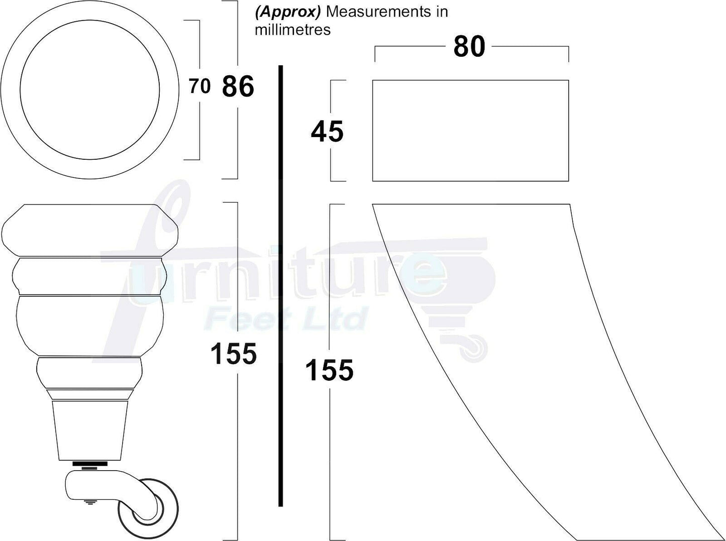 Black Turned Wood Furniture Feet 2 With Castors 155mm and 2 Curved Back Legs Sofas Chairs Stools Cabinets Beds M8 6 Inches