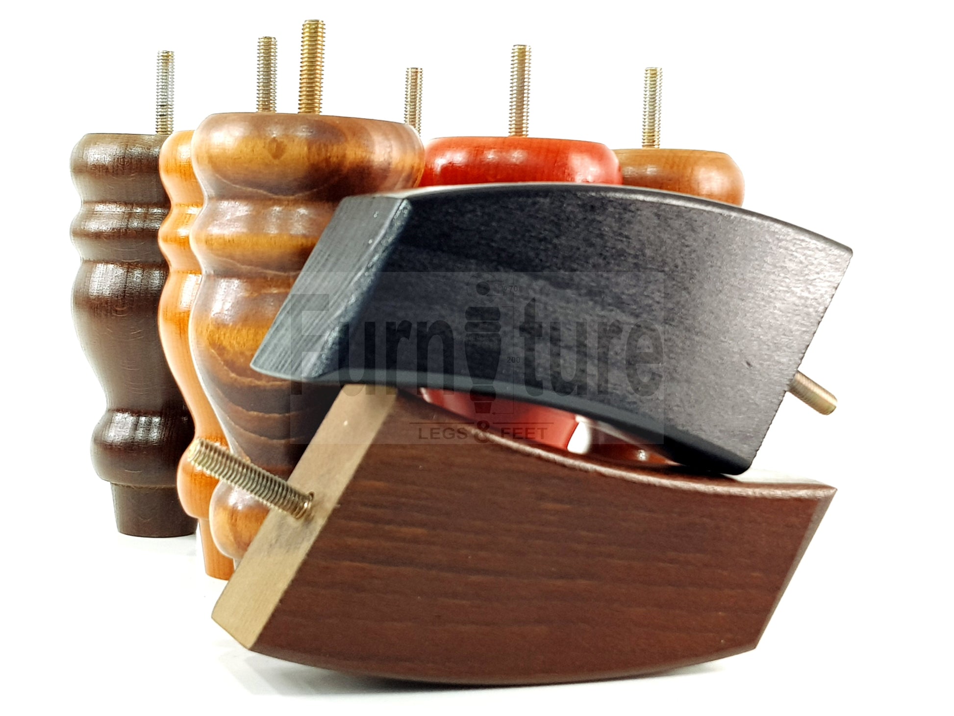 2x Turned Wood Furniture Feet 155mm and 2 Curved Back Legs Sofas Chairs Stools Cabinets Beds M10 Thread 6 Inches