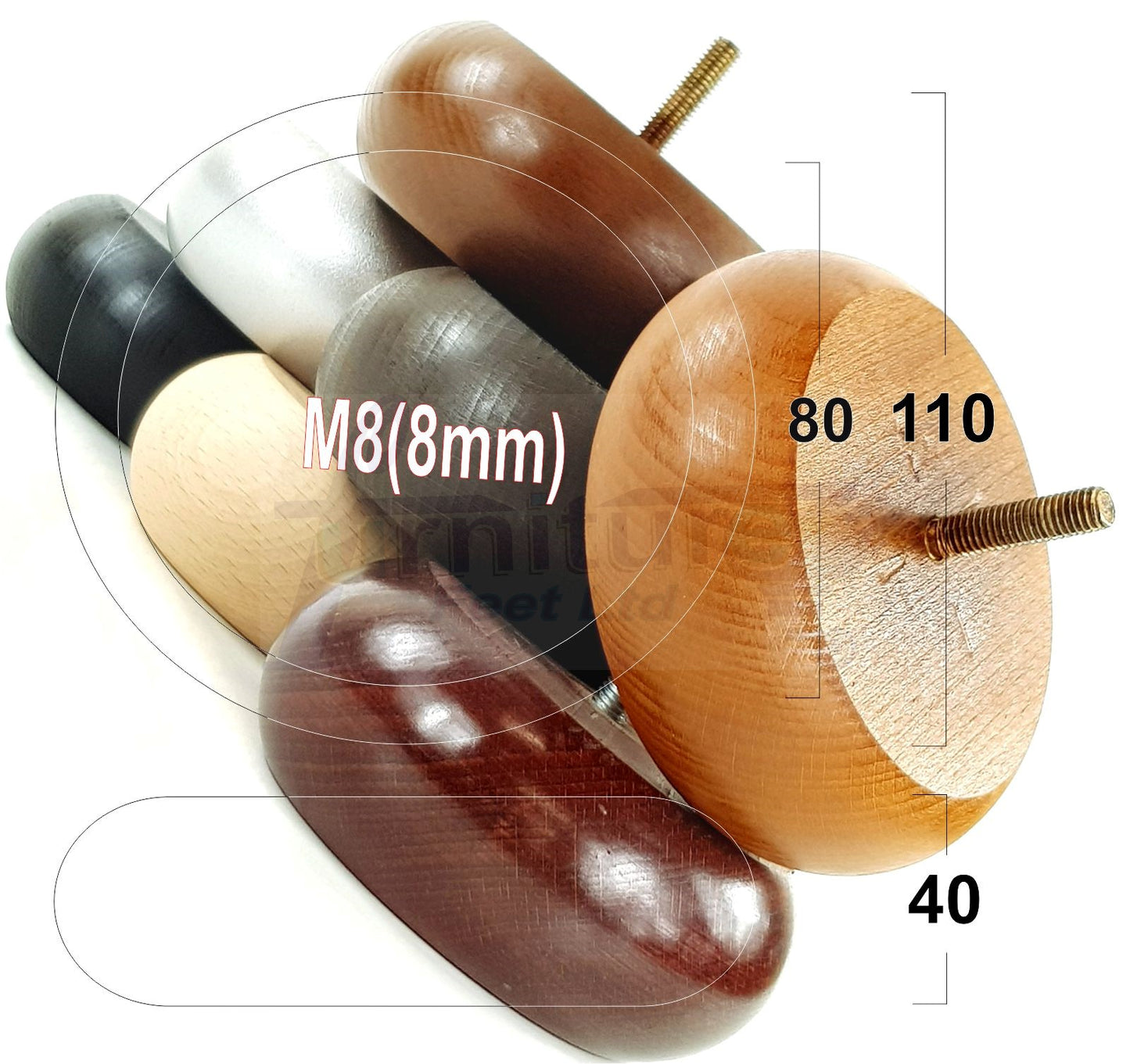 Set Of 4 Turned Wood Furniture Legs Chair Sofa Bed Replacement Bun Feet 40mm High M8 Thread