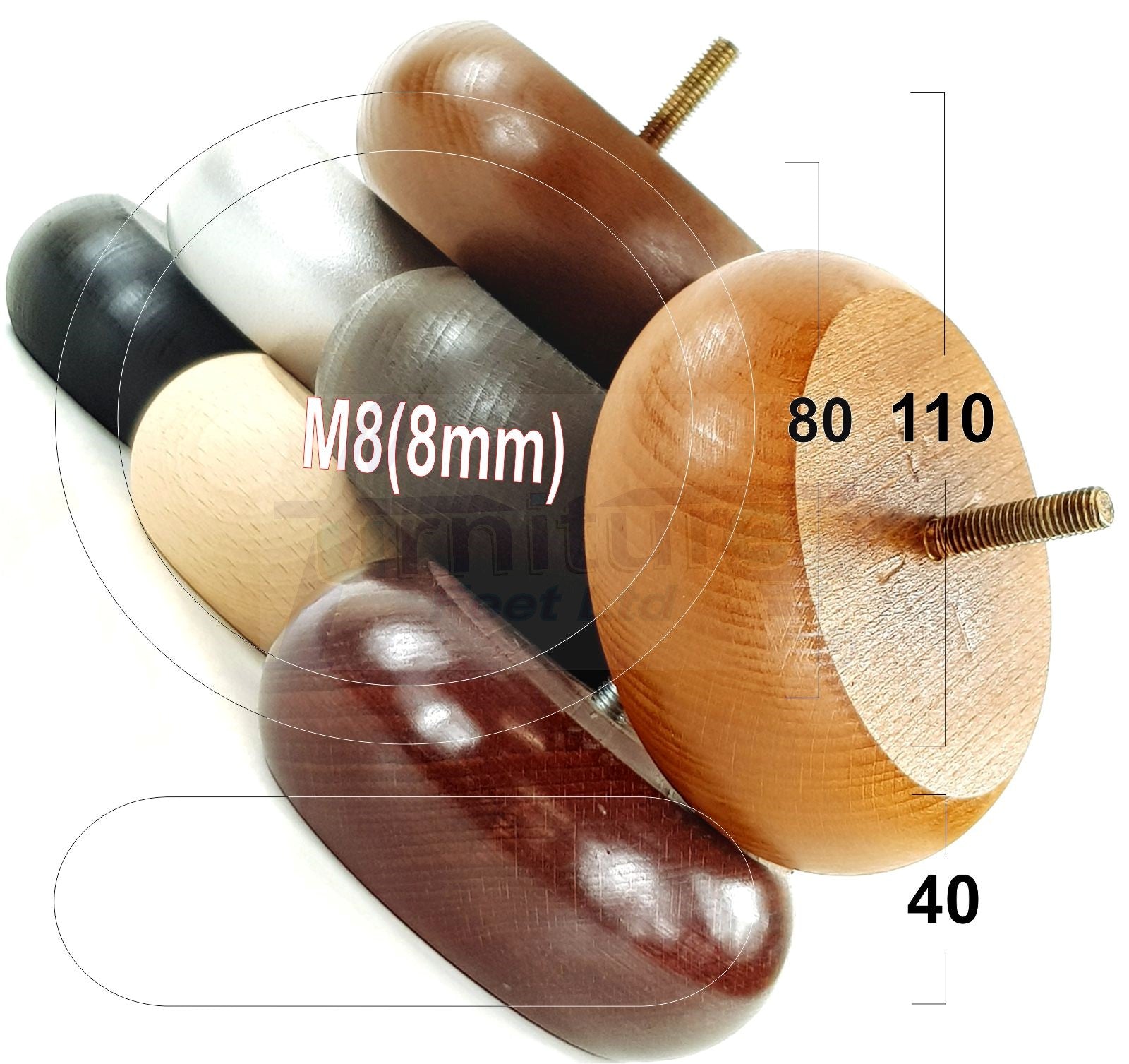 Set Of 4 Turned Wood Furniture Legs Chair Sofa Bed Replacement Bun Feet 40mm High M8 Thread