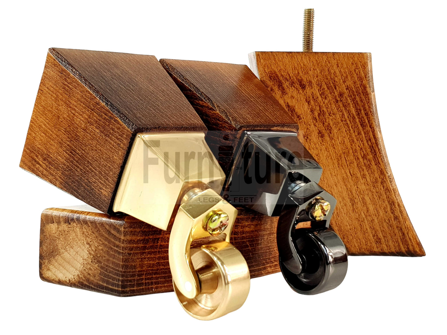 Set Of 4 Block Wood Furniture Feet With Antique Castor 8mm Thread For Chairs Settees Sofa 150mm High