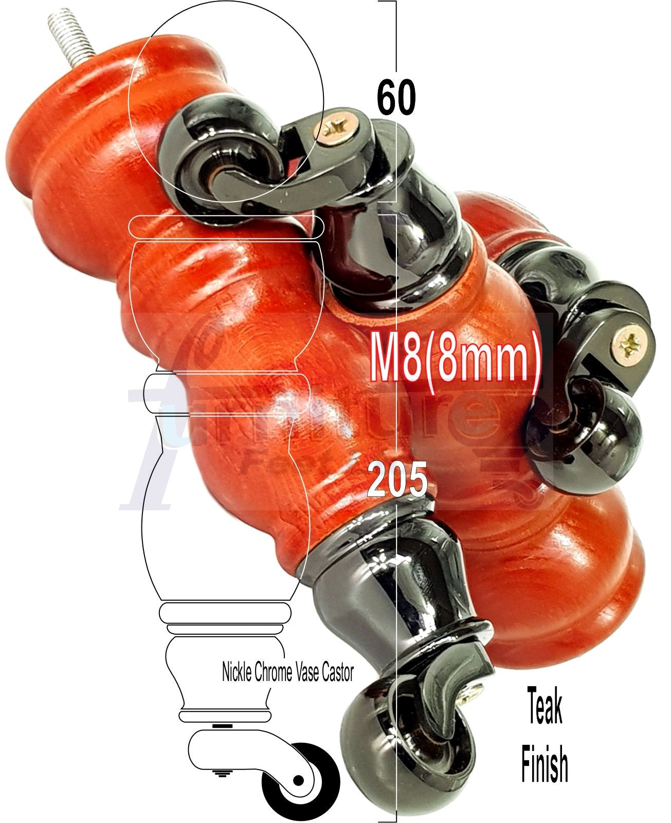 Solid Wood Furniture Feet With Castors Set of 4 Legs 205mm High For Sofas Chairs Stools Cabinets & Beds M8