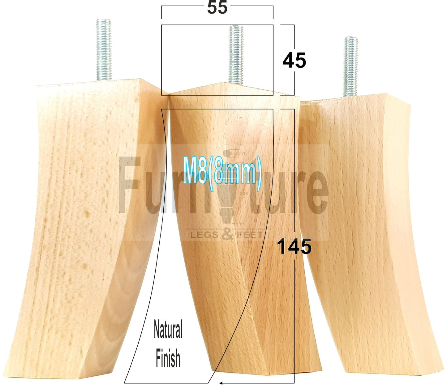 Set Of 4 Solid Wood Curved Furniture Feet Replacement Legs 145mm High M8(8mm)