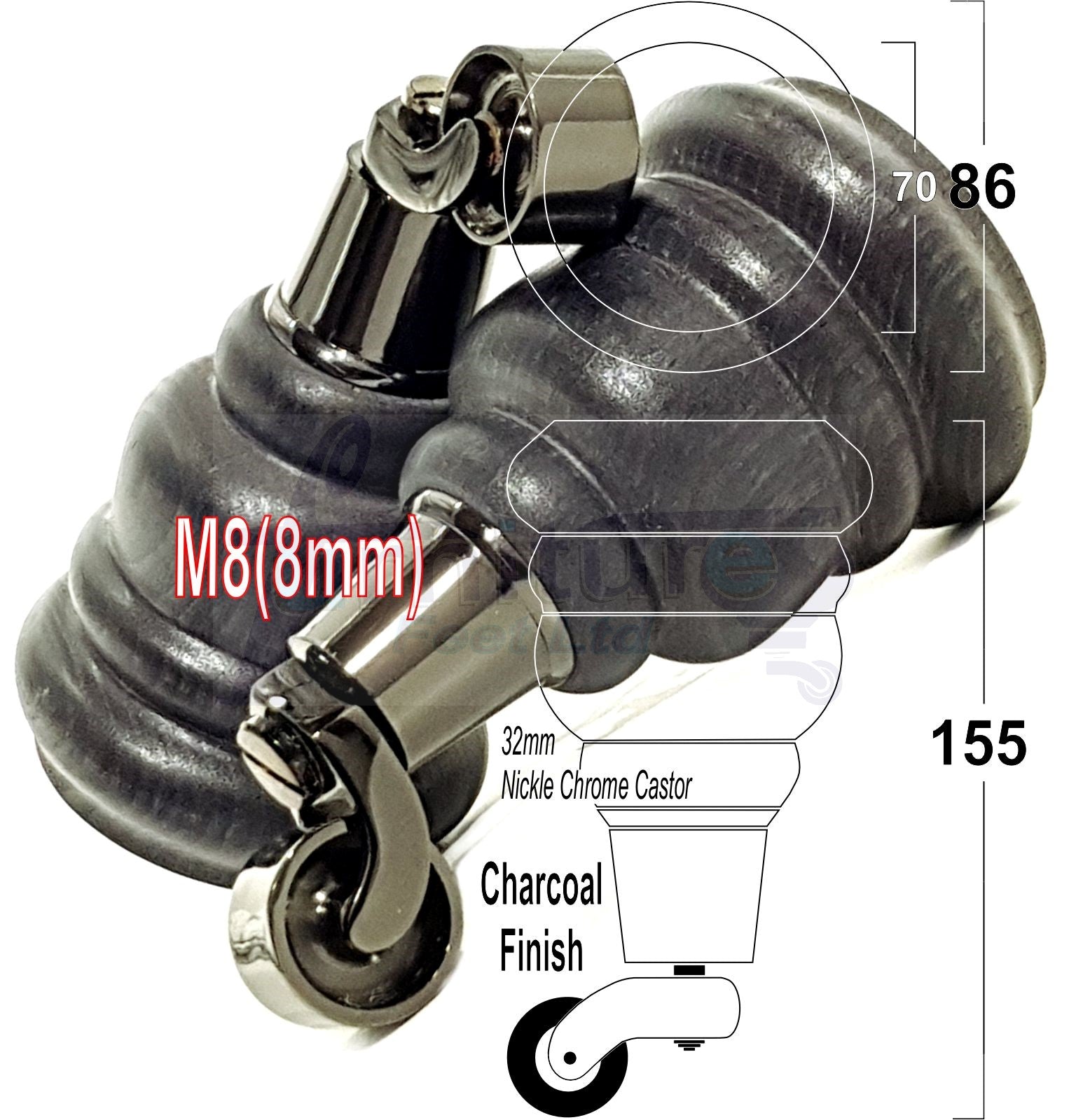 4 Turned Wood Furniture Feet With Black Chrome Castors 155mm Legs Sofas Chairs Stools Cabinets Beds M8 6 Inches