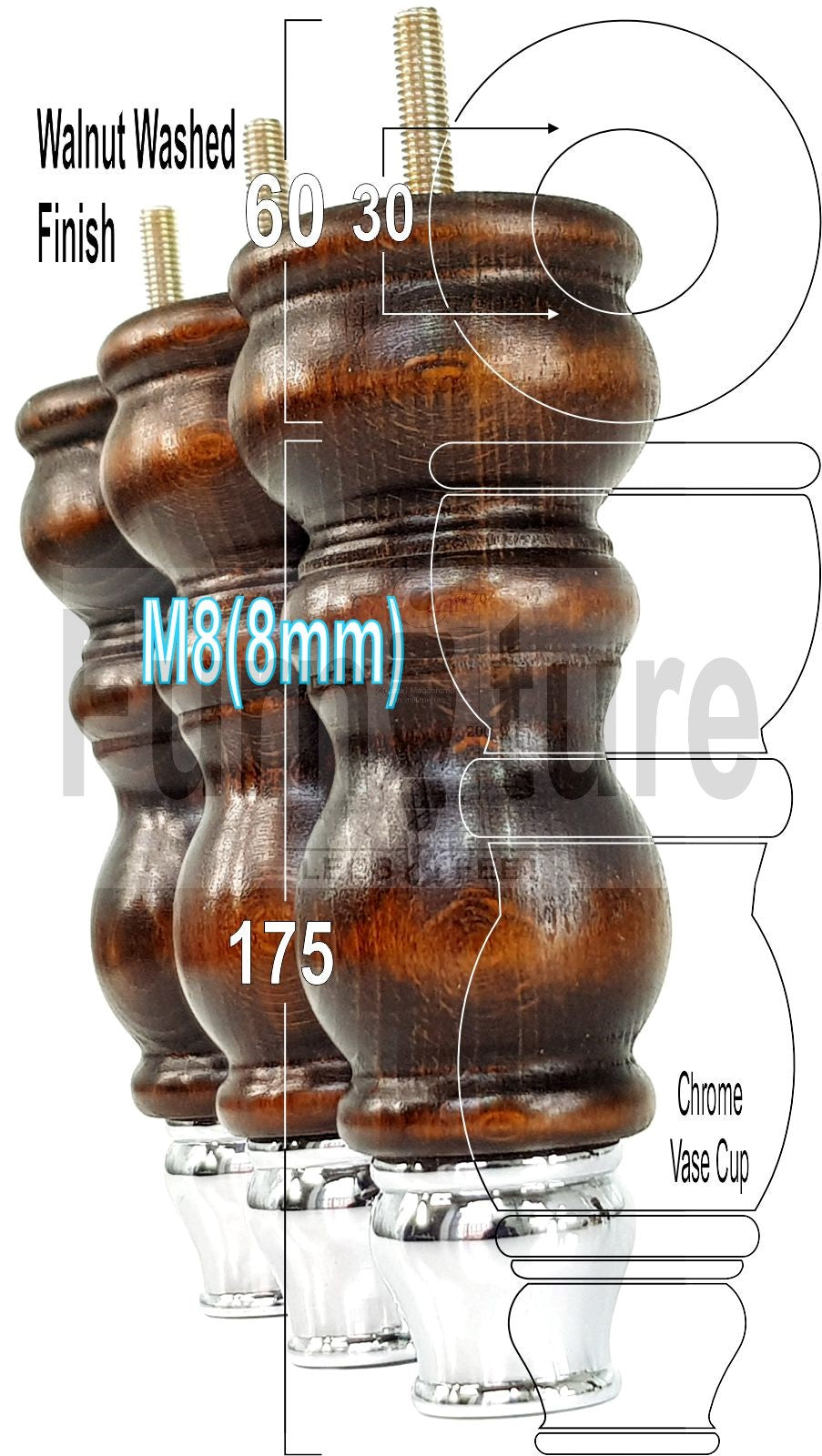 4x Furniture Feet With Slipper Cup 175mm High Legs Dark Walnut Finish Wood M8 Sofas Chairs Cabinets