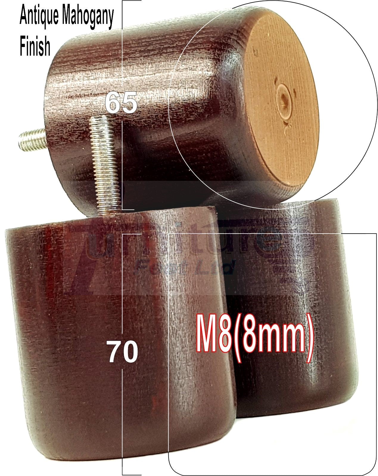 4x Solid Wood Turned Furniture Legs Replacement Bun Feet 70mm High 8mm Thread