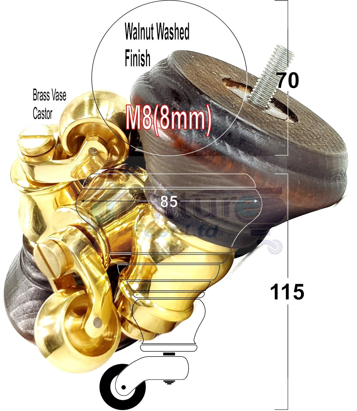 4x Dark Walnut Washed Wooden Furniture Sofa Legs M8 With Castors Replacement Chair Settee Feet 115mm - 125mm High