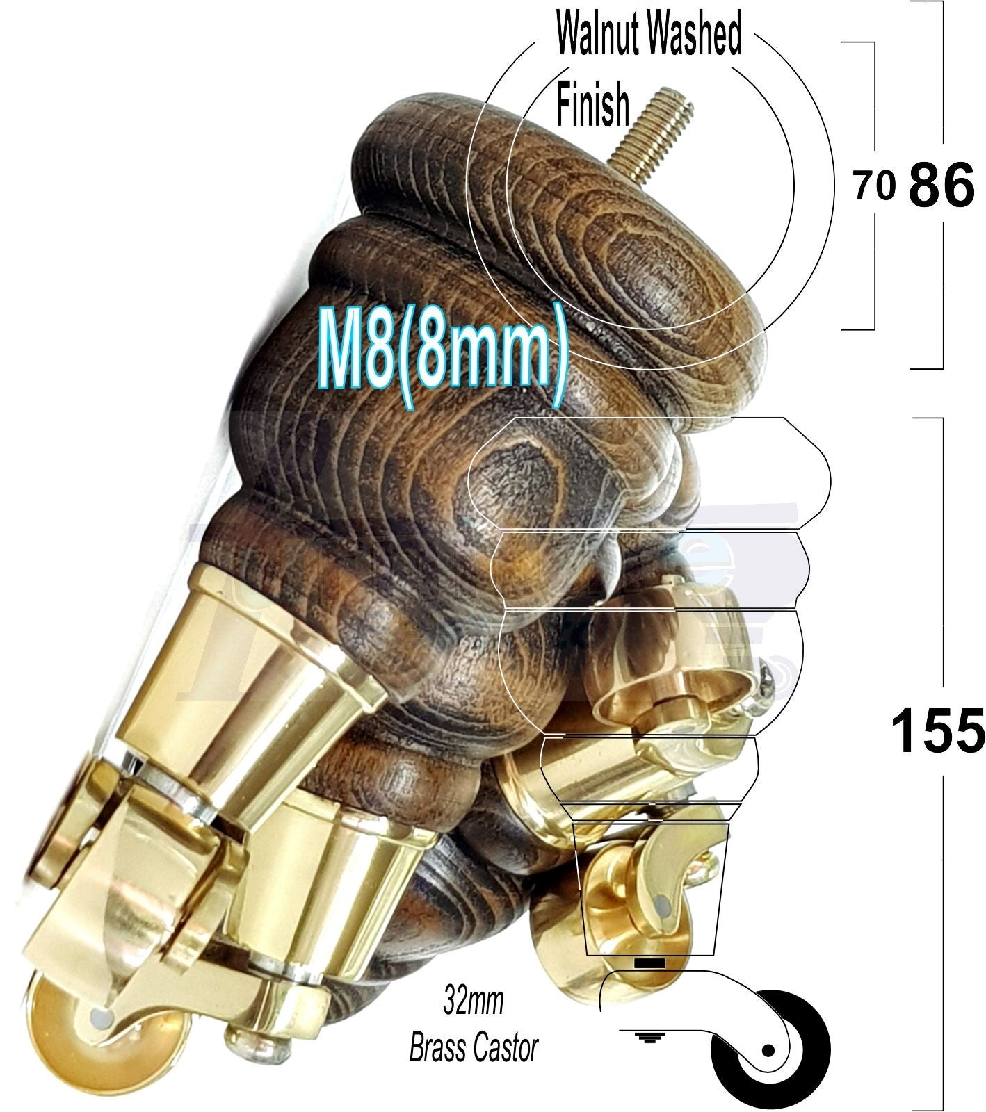4 Turned Wood Furniture Feet With Brass Castors 155mm Legs Sofas Chairs Stools Cabinets Beds M8 6 Inches