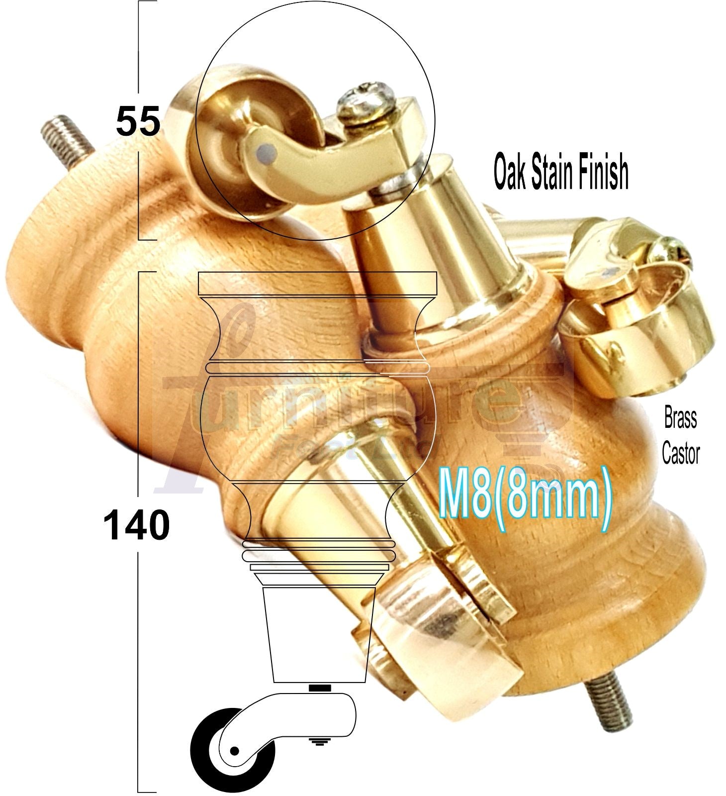 Set Of 4 Turned Wood Furniture Legs With 150mm High Castor 8mm Thread For Chairs Settees & Cabinets Oak Stain Finish