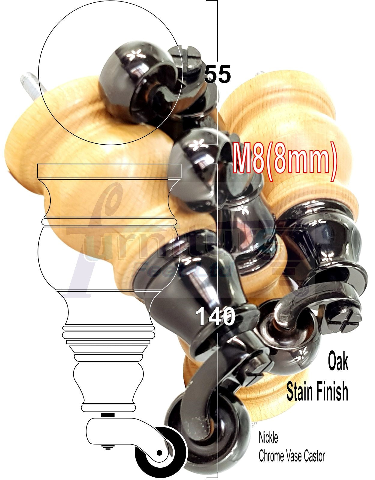 Set Of 4 Turned Wood Furniture Legs With 150mm High Castor 8mm Thread For Chairs Settees & Cabinets Oak Stain Finish