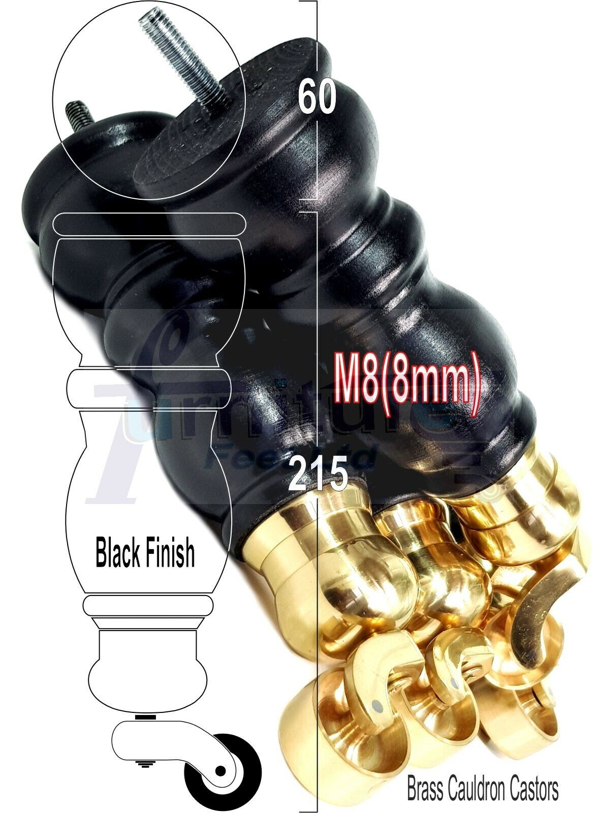 4x Furniture Feet With Castor 205mm High Legs Black Wood M8 Sofas Chairs Stools Cabinets 8 Inches Tall