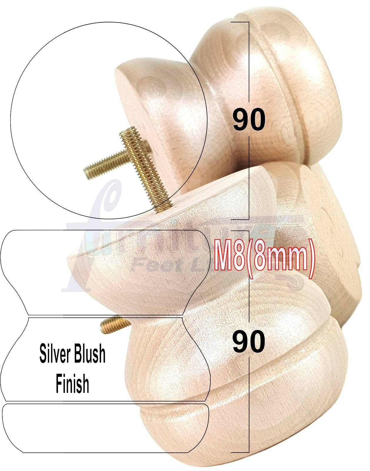 4x Turned Solid Wood Furniture Legs Replacement Bun Feet 90mm High 8mm Thread