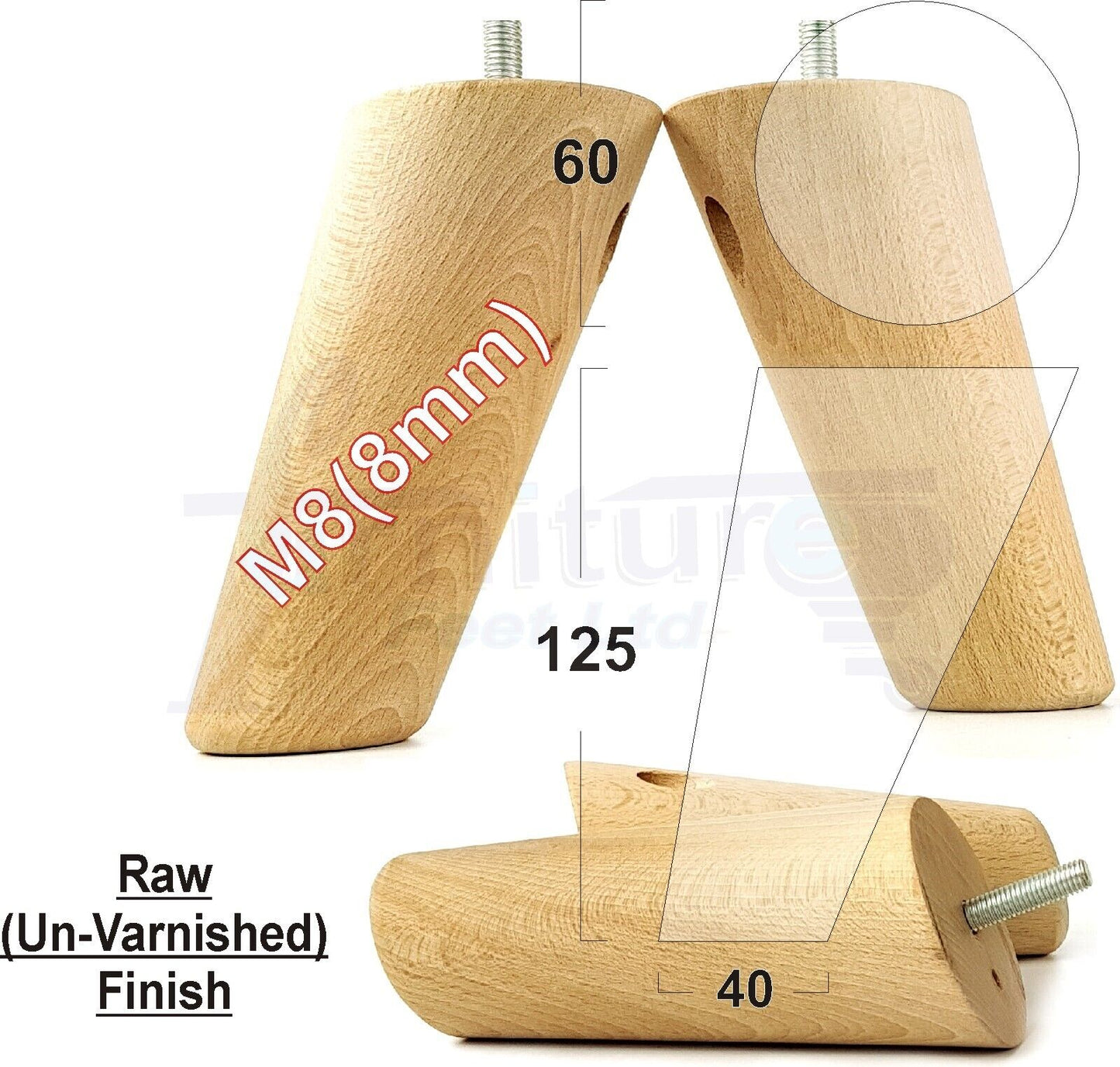 4 Solid Wood Turned Furniture Feet Replacement Mid Centry Angled Retro Legs 125mm High M8 Sofa Chairs Stools Cabinets Beds