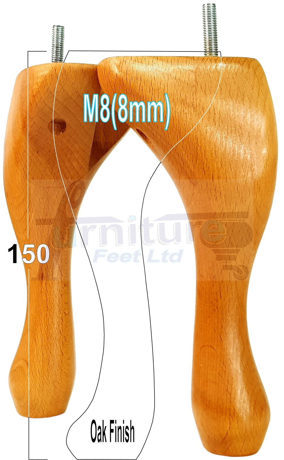 4 Solid Wood Furniture Feet 150mm High Queen Anne Replacement Legs M8 (8mm) 6 Inches Chair Stools Bed Sofa Georgian Style