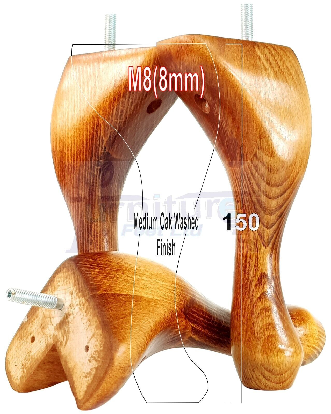 4 Solid Wood Furniture Feet 150mm High Queen Anne Replacement Legs M8 (8mm) 6 Inches Chair Stools Bed Sofa Georgian Style