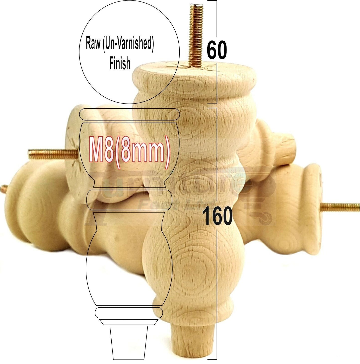 Solid Wood Furniture Feet Set of 4 Legs 160mm High For Sofas Chairs Stools Cabinets & Beds M8