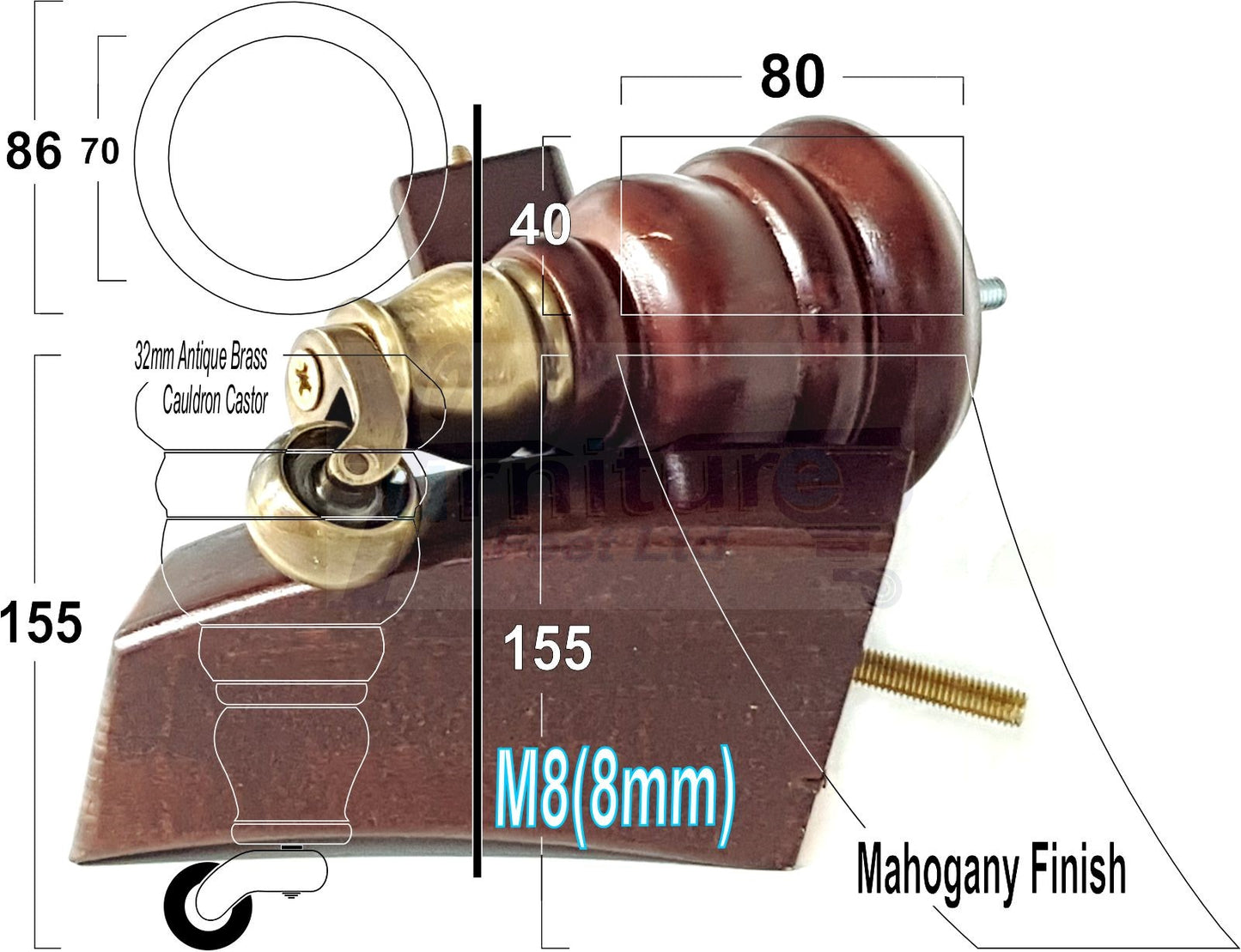Mahogany Turned Wood Furniture Feet 2 With Castors 155mm and 2 Curved Back Legs Sofas Chairs Stools Cabinets Beds M8 6 Inches