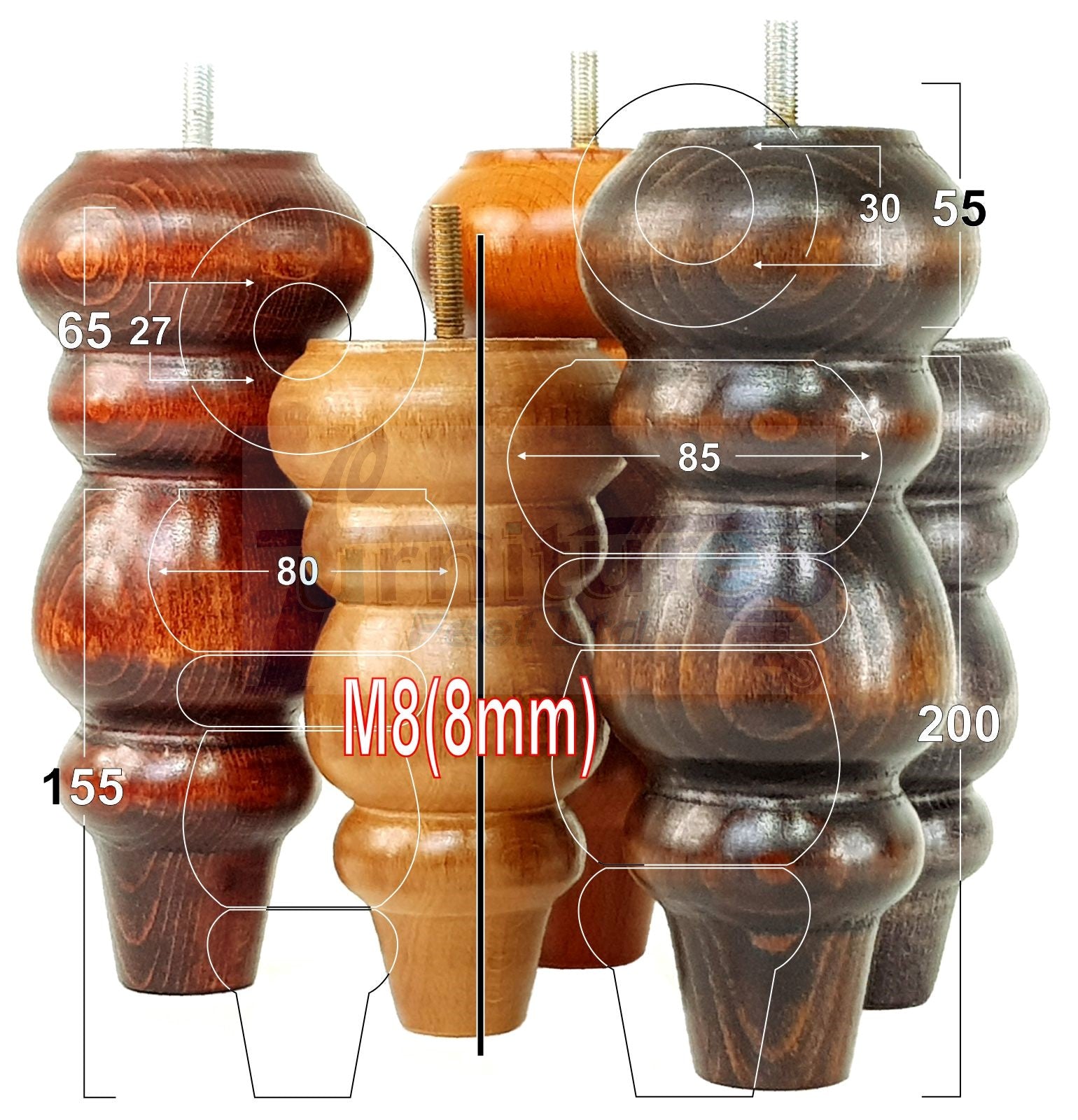 4 Solid Wood Furniture Legs Replacement Turned Feet 200mm High M8(8mm) Thread: Dark Walnut Washed