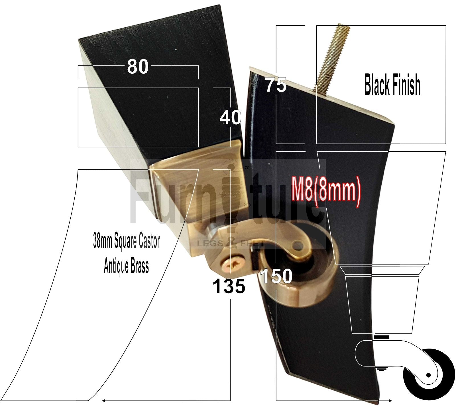 Set Of 4 Block Wood Castor Furniture Feet M8(8mm) For Chairs Cabinets Sofa 15cm High