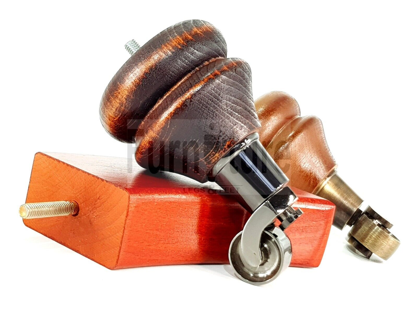 Turned Wood Furniture Feet 2 With Chrome Castors 140mm & 2 Curved Back Legs Sofas Chairs Stools Cabinets Beds M8