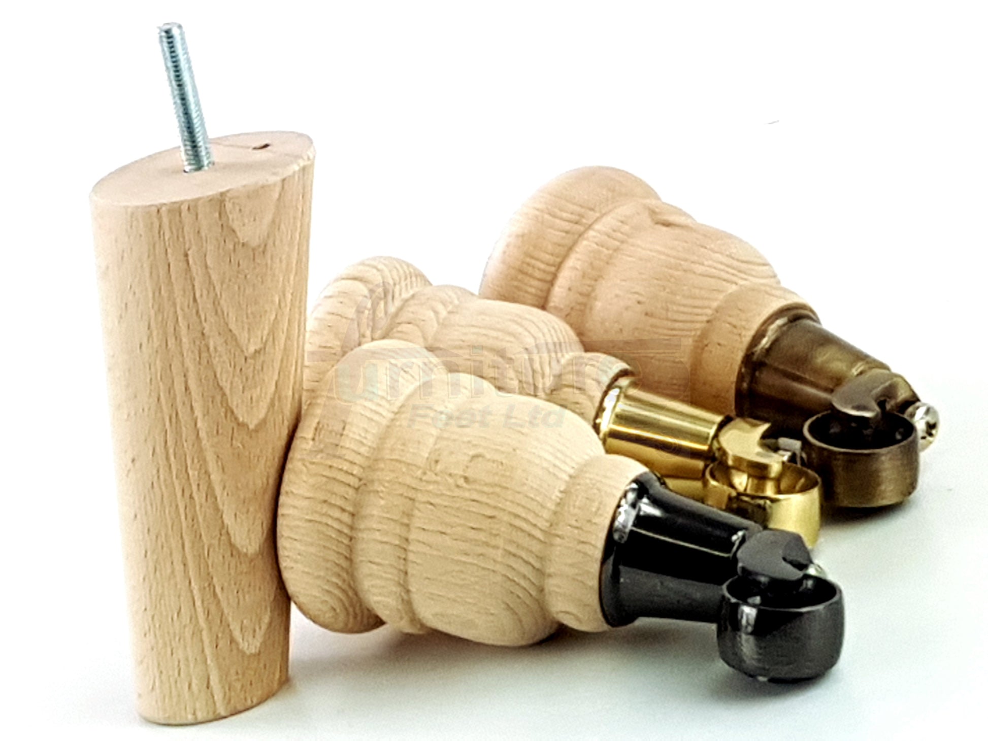 Turned Raw Solid Wood Replacement Furniture Legs 2x with Castors and 2x Curved Back Feet 8mm Dowl Fixing 6 Inches 165mm High