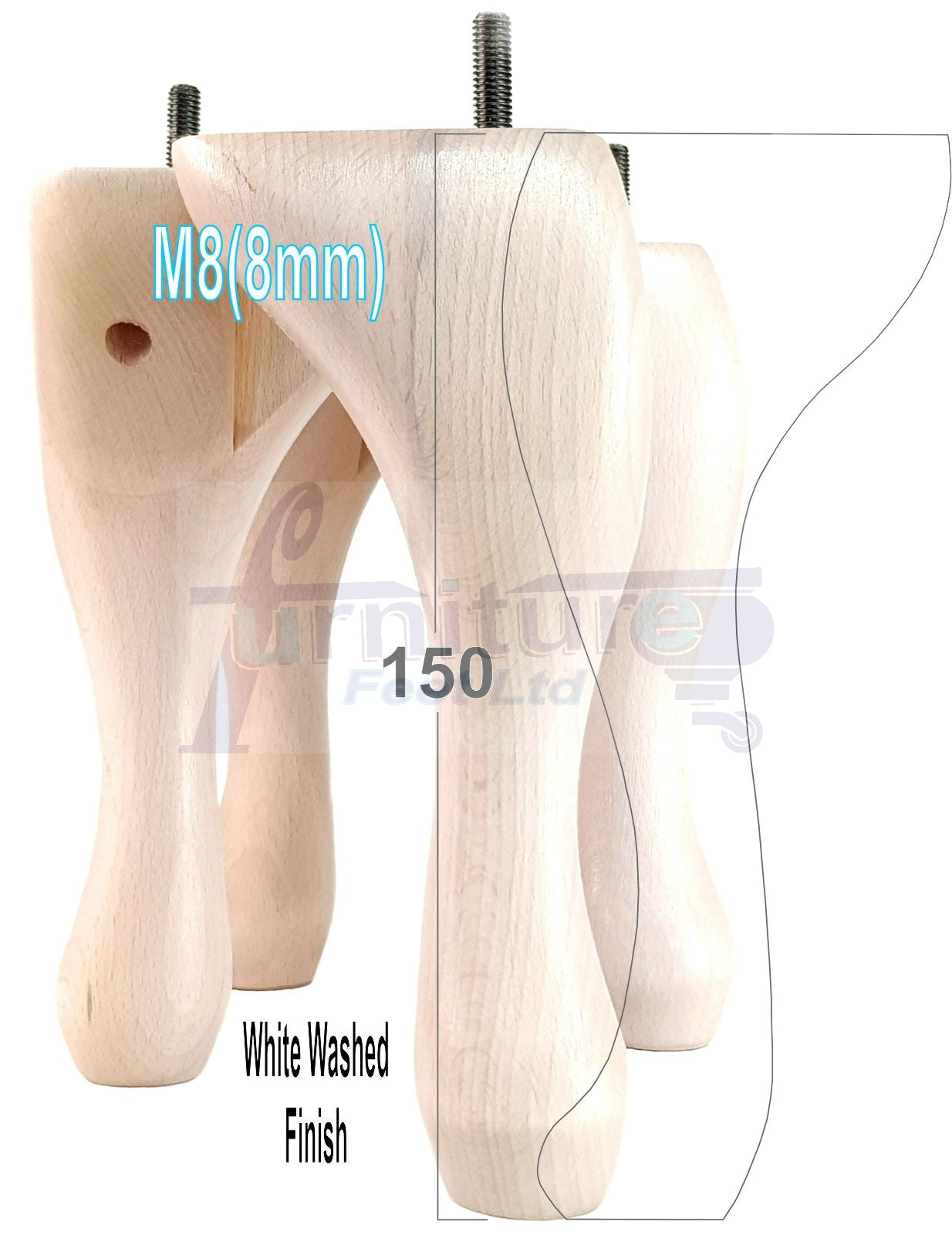 4 Solid Wood Furniture Feet 150mm High Queen Anne Replacement Legs M8 (8mm) 6 Inches Chair Stools Bed Sofa Georgian Style