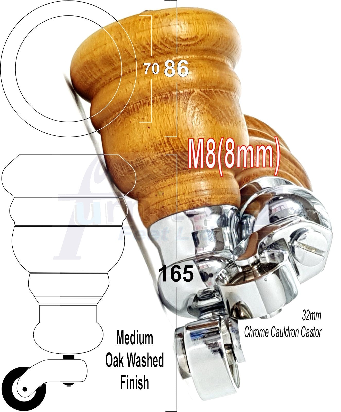 4 Turned Wood Furniture Feet With Chrome Cauldron Castors 155mm Legs Sofas Chairs Stools Cabinets Beds M8 6 Inches
