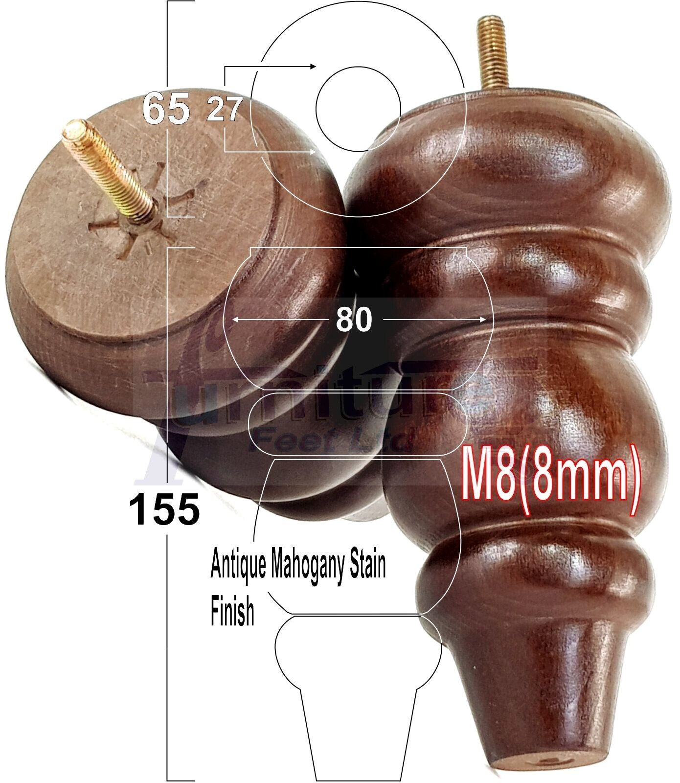 4 Solid Turned Wood Furniture Sofa Leg M8 Chair Settee Footstool Feet 155mm High