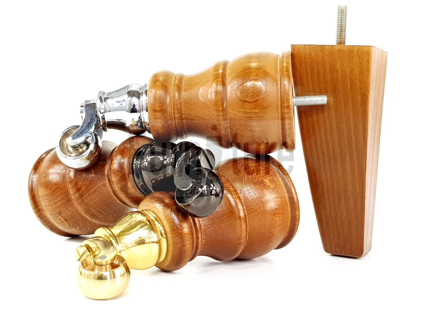 2 Wooden Castor Furniture Sofa Legs & 2 Curved Back Feet  Dark Oak Stain M8 Chair Settee Feet 160mm High