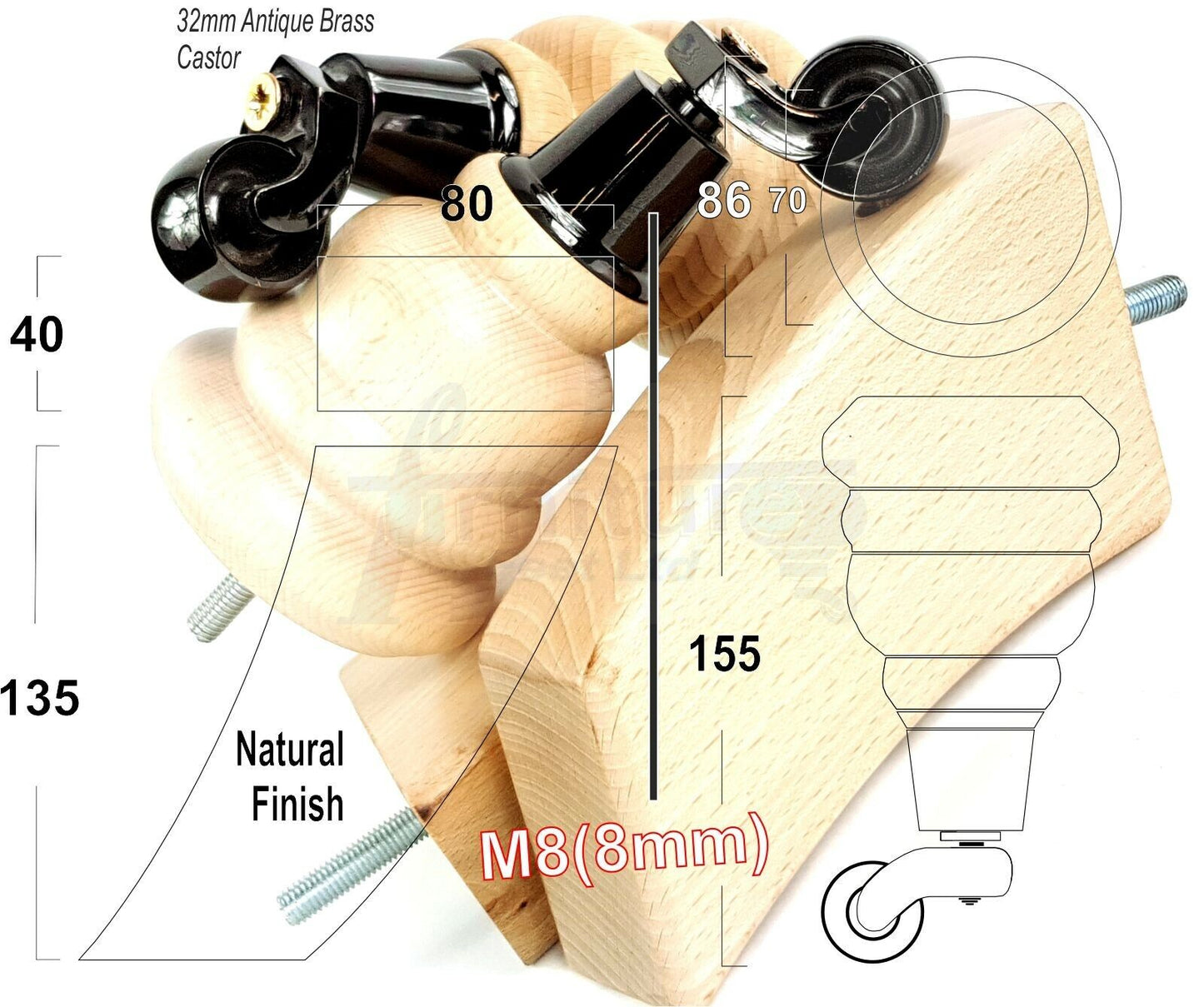 Turned Natural Wood Furniture Feet 2 With Castors 155mm and 2 Curved Back Legs Sofas Chairs Stools Cabinets Beds M8 6 Inches