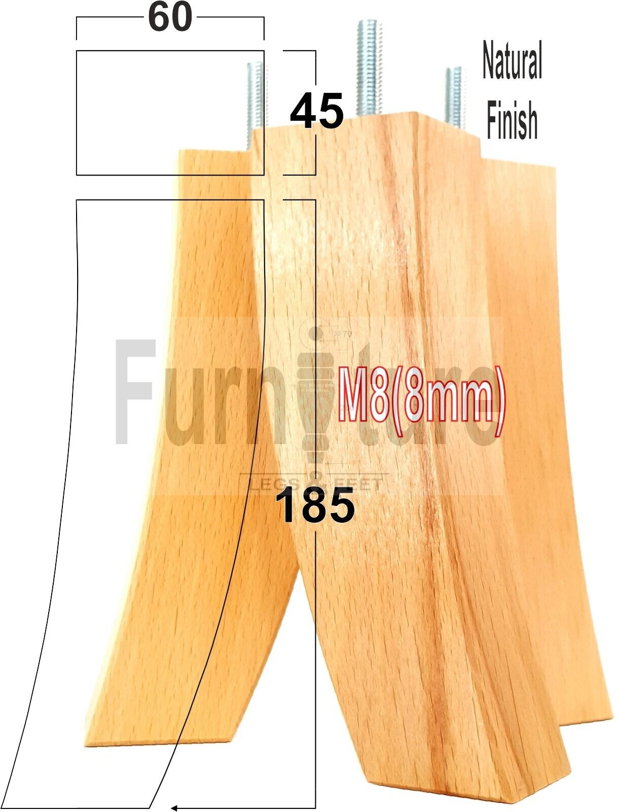 Set Of 4 Solid Wood Curved Furniture Feet Replacement Legs 185mm High M8(8mm)