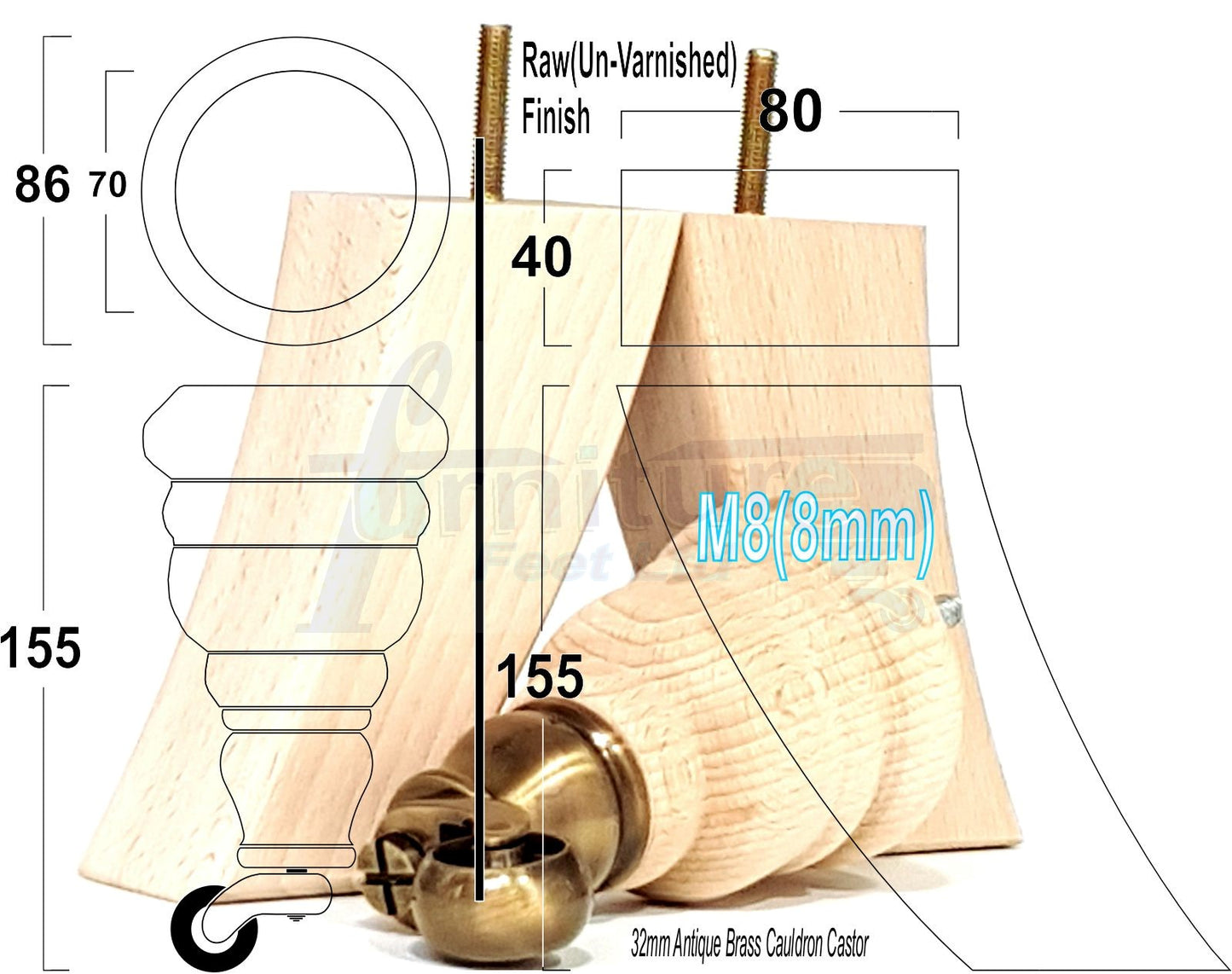Turned Raw Wood Furniture Feet 2 With Castors 155mm and 2 Curved Back Legs Sofas Chairs Stools Cabinets Beds M8 6 Inches