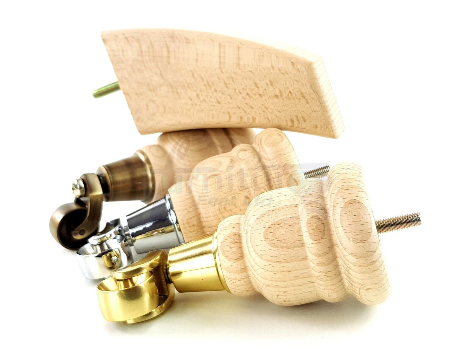 Turned Furniture Feet 2 With Castors 155mm and 2 Curved Back Legs Raw Wood for Sofas Chairs Stools Cabinets Beds M8 6 Inches